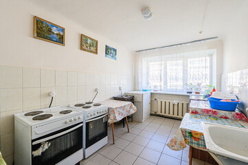 interior kitchen and dining room, refectory area, cooking equipment, table furniture, stove