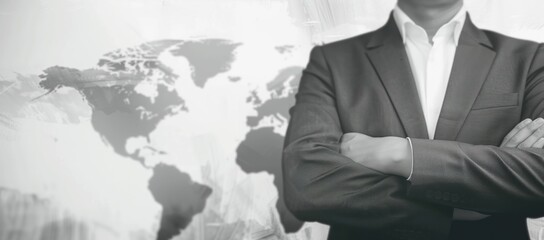 Businessman standing in the background of a map. Monochrome businessman standing on background of world map. Black and white image