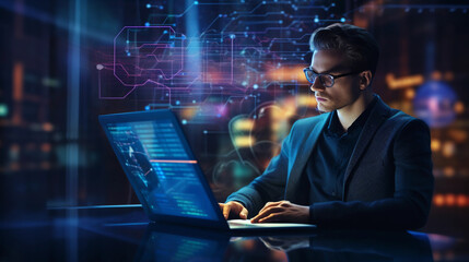 Data scientist, Programmer using laptop analyzing financial data on futuristic virtual interface. Algorithm. Global business development, strategy and planning, digital technology  - obrazy, fototapety, plakaty