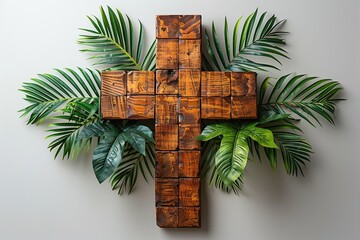 Fototapeta premium Palm Sunday. Wooden christian cross with palm leaf on white wall background