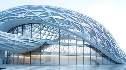Modern building with curving roof and glass steel column. - obrazy, fototapety, plakaty