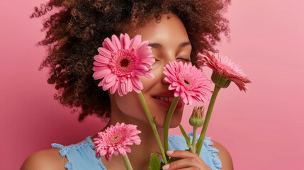 Obraz na płótnie Canvas young woman with curly hair and closed eyes, holding and smelling pink gerbera flowers against a soft pink background.