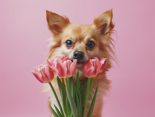 Dog holding a bouquet of tulips on a pink background. Mother day concept. 