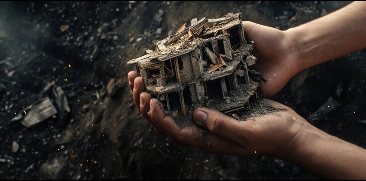 Destroyed building in the hands of a man