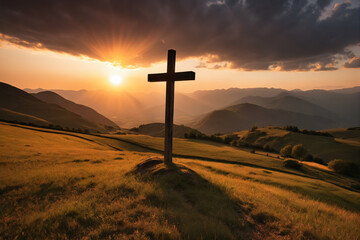 Sunset behind cross in epic landscape