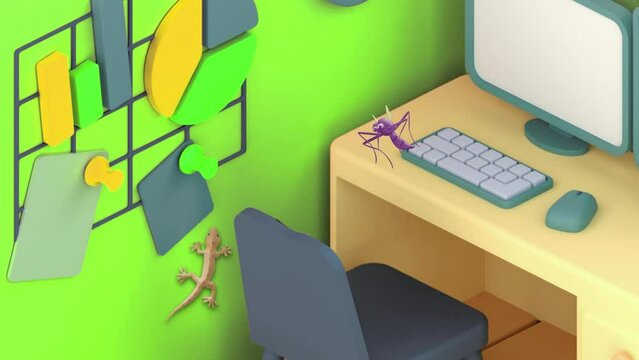 3D animated video of a house lizard catching a mosquitoes with its tongue