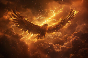 a majestic Thunderbird soaring high above storm clouds its wings spread wide lightning crackling around it symbolizing its dominion over storms and thunder