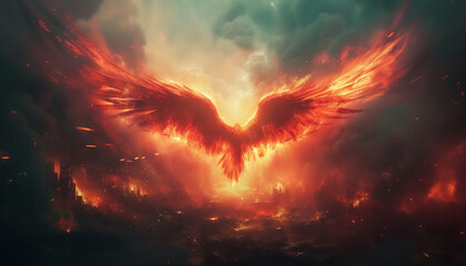 an epic illustration of a mythical phoenix rising from the ashes of a battlefield symbolizing rebirth resilience and the undying spirit of freedom - obrazy, fototapety, plakaty