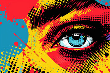 An illustration that combines the aesthetics of digital art with pop arts signature use of bright contrasting colors and comic style dot patterns creating a dynamic eye catching piece