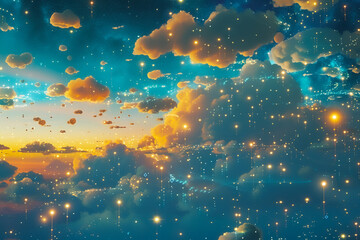 artistic rendering of a digital landscape where traditional clouds in the sky are replaced with symbolic cloud computing icons showcasing connectivity and data flow across a global network - obrazy, fototapety, plakaty