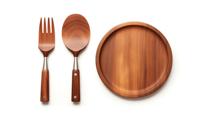 Eco-friendly wooden dinnerware set with plate, fork, and spoon isolated on white background