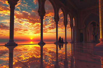 artistic rendering of a peaceful mosque scene with figures in the distance reflecting the communal aspect of faith set against a vibrant sunset sky offering copy space on the sides for text