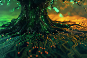 artistic rendering of a tree where the branches and roots form a network of electronic traces on a circuit board using a mix of natural and neon colors to create a dynamic and thought