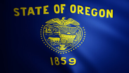 Naklejka premium Oregon flag with fabric texture that moves in the wind. Smooth movement of the waving flag in a perfect loop. Blue, yellow, freedom, country, nation, USA state.