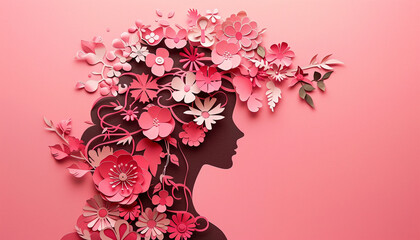 sophisticated paper cut silhouette of a woman intertwined with various flowers celebrating Womens Day featuring a designated copy space at the top