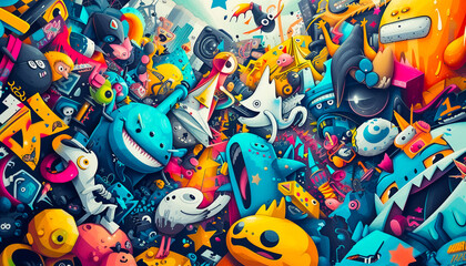 stylized illustration of a whimsical street art background featuring cartoonish characters surreal landscapes and pop culture references all merging into a captivating wall of art