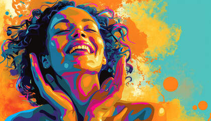 stylized illustration of a woman smiling and touching her glowing skin with vibrant colors and a joyful expression including creative copy space at the bottom for inspirational quotes