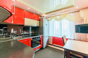 interior kitchen and dining room, refectory area, cooking equipment, table furniture, stove