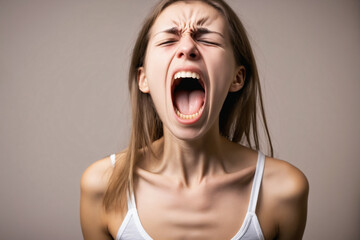 Young woman suffering from anorexia nervosa screaming in pain - obrazy, fototapety, plakaty