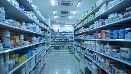 Photo of a pharmacy with shelves, medicines - obrazy, fototapety, plakaty