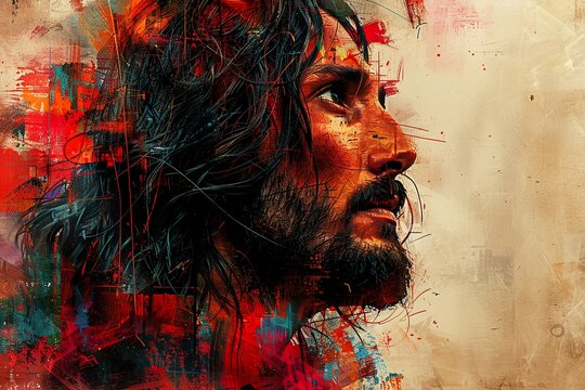 Portrait of Jesus Christ on abstract grunge background. Digital painting with copy space for text or image