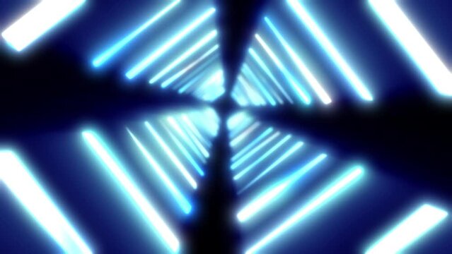 Animation of a cross-shaped tunnel with burning lanterns on a black screen. Outer space illuminated in 4K. Stock futuristic video with copy space. X-shaped space station concept.