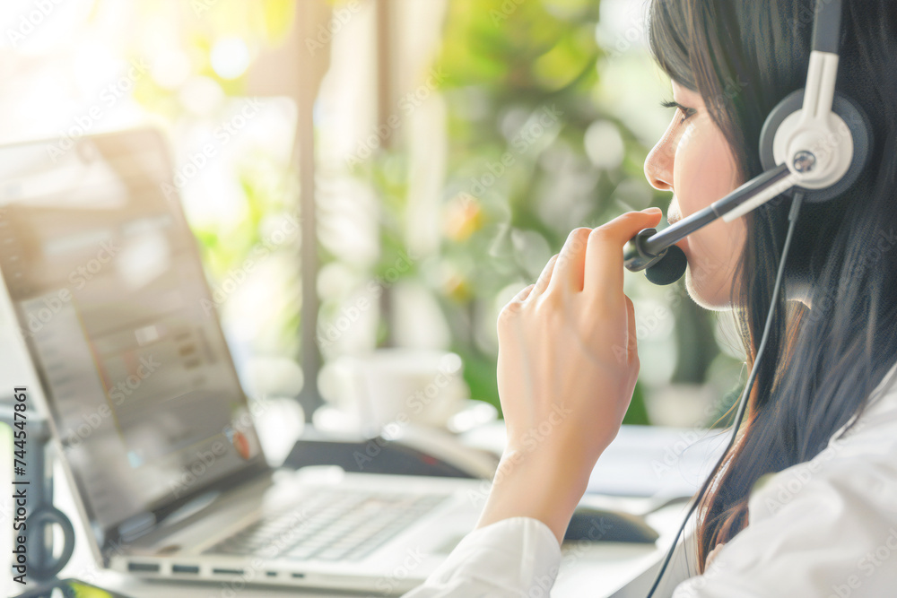 Wall mural Female call center operator or customer service helpde