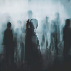 Silhouette of a blurred, depressed girl surrounded by people