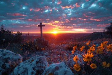 Silhouette of hands and a cross on sunset sky background