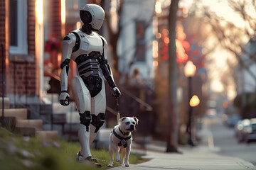 Android walking a dog through the neighborhood