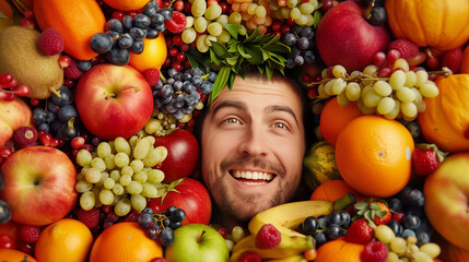 Fototapeta na wymiar Man surrounded by fruits and vegetables