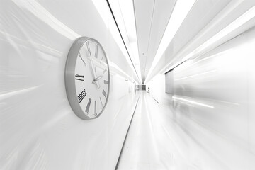 Clock in a white hallway expressing the fleeting nature of time