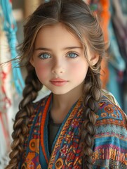 Young Girl With Long Braids and Blue Eyes