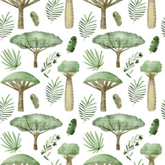 Watercolor seamless pattern with trees. Exotic wallpaper for fabric, wrapping paper, etc
