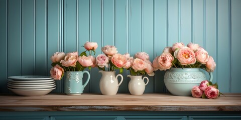 Romantic rustic kitchen with aqua blue wood and rose flowers. Concept Rustic Kitchen Decor, Aqua Blue Accents, Rose Flower Arrangements, Romantic Design, Vintage Style
