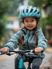 Fototapeta premium Little Girl Riding Bike Down Street