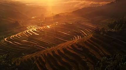 Foto op Canvas A captivating aerial view of terraced rice fields at sunset. © Damian