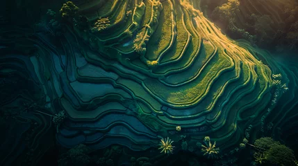 Fotobehang Rijstvelden A captivating aerial view of terraced rice fields at sunset.