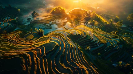 Foto op Plexiglas Rijstvelden A captivating aerial view of terraced rice fields at sunset.