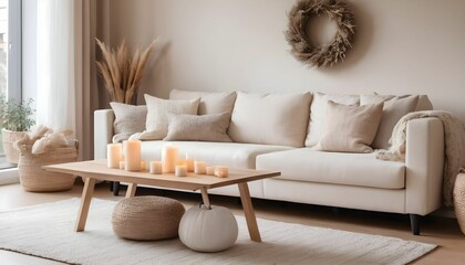 Modern house interior details. Simple cozy beige living room interior with white sofa, decorative pillows, wooden table with candles and natural decorations created with generative ai	
