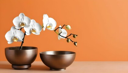 Bronze bowl and white orchid flowers on orange background with copy space, meditation and relaxation time background created with generative ai