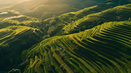 A captivating aerial view of terraced rice fields at sunset.