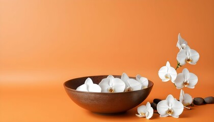 Fototapeta na wymiar Bronze bowl and white orchid flowers on orange background with copy space, meditation and relaxation time background created with generative ai