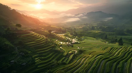Tuinposter Rijstvelden A captivating aerial view of terraced rice fields at sunset.