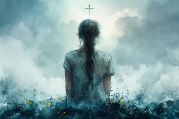 Young woman kneeling and looking at the cross in the sky. Digital watercolor painting - obrazy, fototapety, plakaty