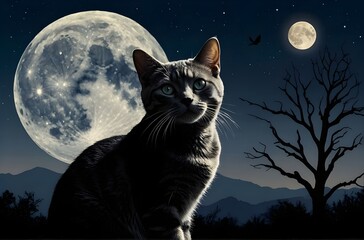 Feline Silhouette Against the Night: A Cat’s Tranquil Gaze at the Moon, generative AI