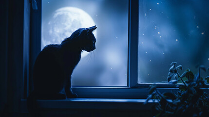 A cats silhouette perched on a windowsill with the backdrop of a moonlit night.