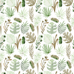 Tropical seamless watercolor pattern with tropic leaves.