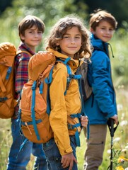 Group of Children With Backpacks in Field