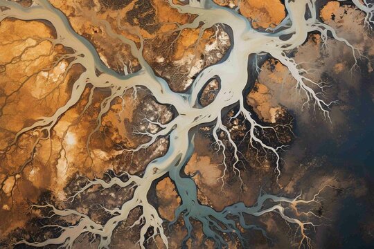 Abstract aerial view of a complex river delta, highlighting earth tones
